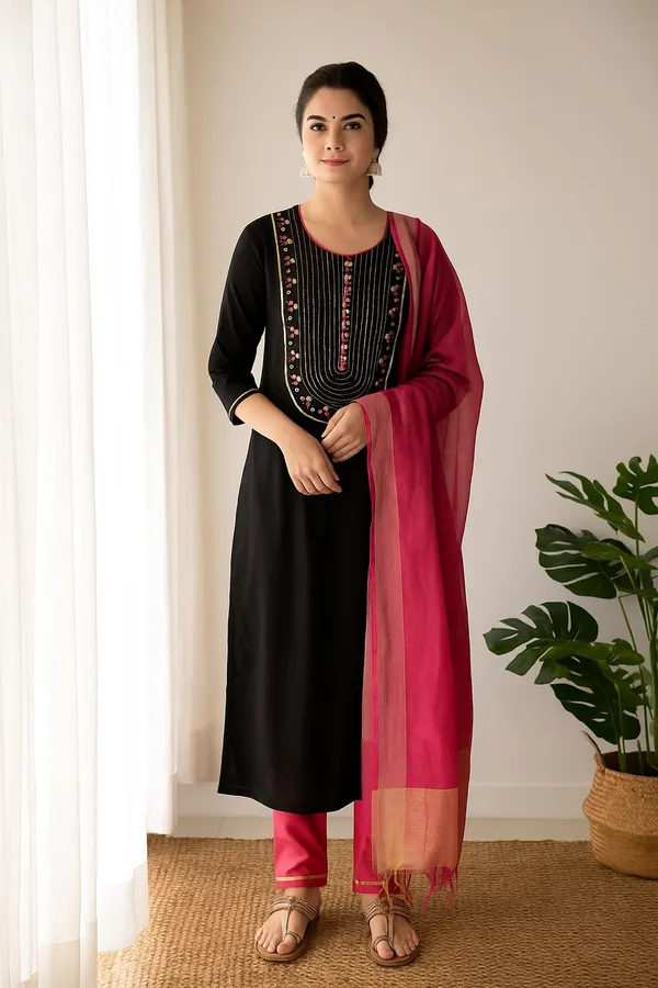 Black_Premium_Viscose_Rayon_Three_Fourth_Sleeves_Kurta_Set_For_Women