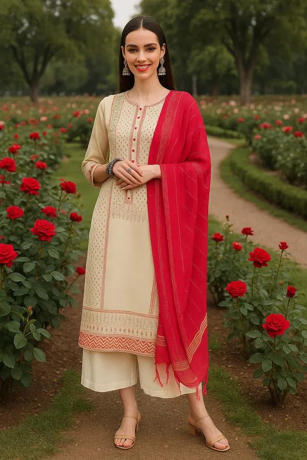 Cream_Premium_Chanderi_Three_Fourth_Sleeves_Kurta_Set_For_Women