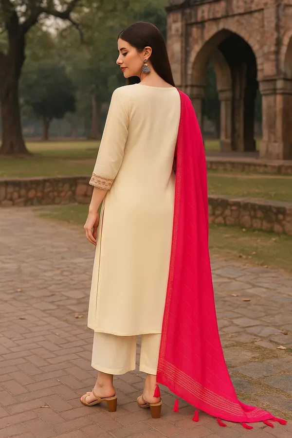 Cream_Premium_Chanderi_Three_Fourth_Sleeves_Kurta_Set_For_Women