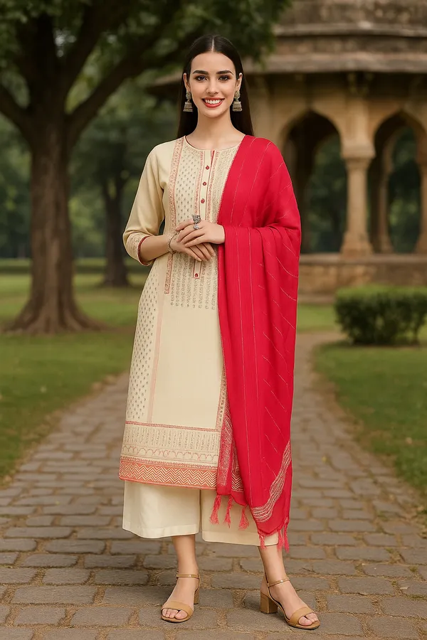 Cream_Premium_Chanderi_Three_Fourth_Sleeves_Kurta_Set_For_Women