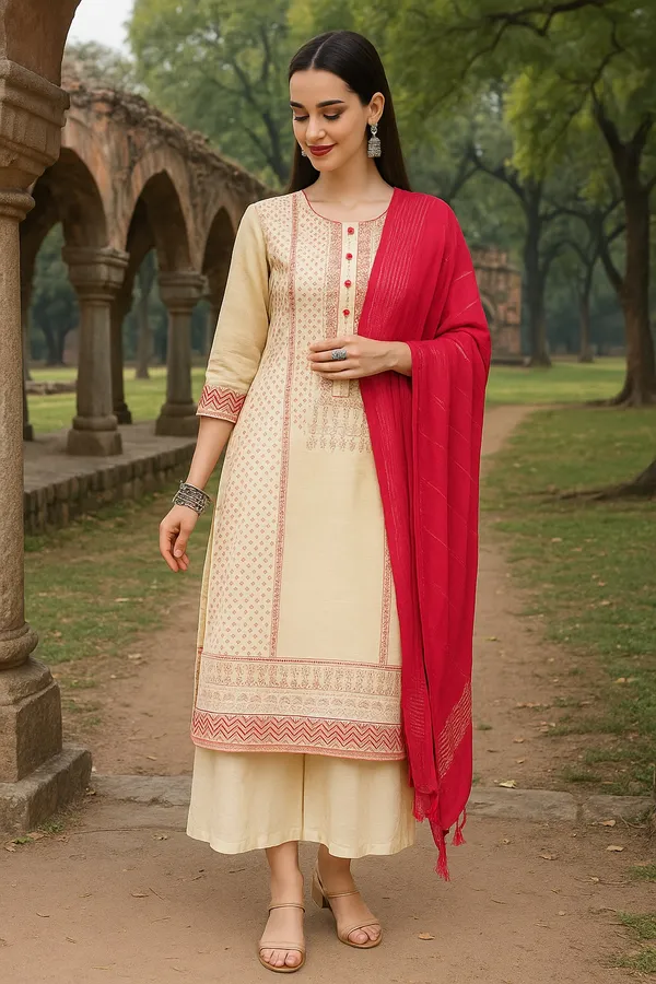 Cream_Premium_Chanderi_Three_Fourth_Sleeves_Kurta_Set_For_Women