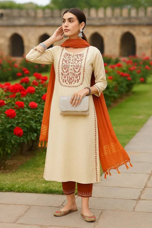 Cream_Premium_Chanderi_Three_Fourth_Sleeves_Kurta_Set_For_Women