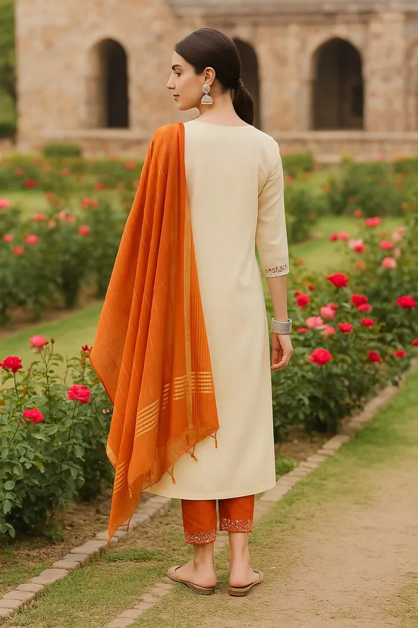 Cream_Premium_Chanderi_Three_Fourth_Sleeves_Kurta_Set_For_Women