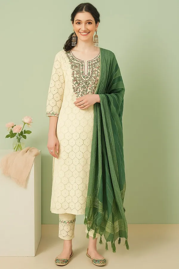 Beige_Premium_Cotton_Three_Fourth_Sleeves_Kurta_Set_For_Women