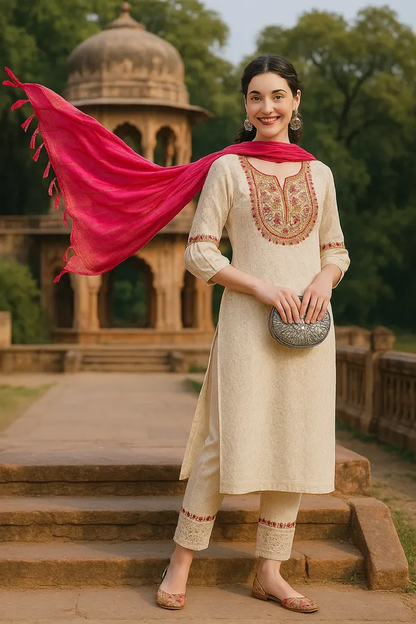 Cream_Premium_Cotton_Three_Fourth_Sleeves_Kurta_Set_For_Women