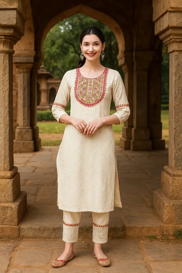 Cream_Premium_Cotton_Three_Fourth_Sleeves_Kurta_Set_For_Women