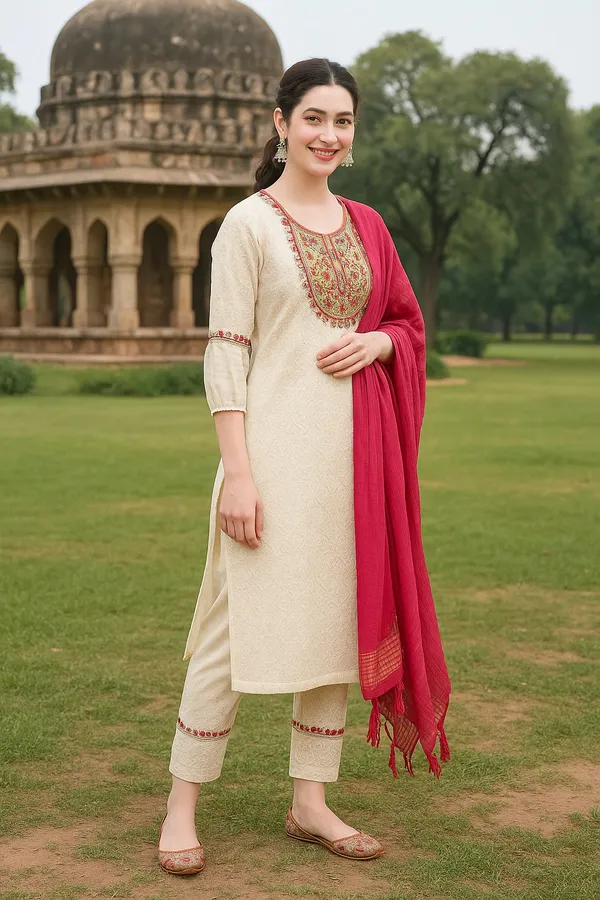 Cream_Premium_Cotton_Three_Fourth_Sleeves_Kurta_Set_For_Women