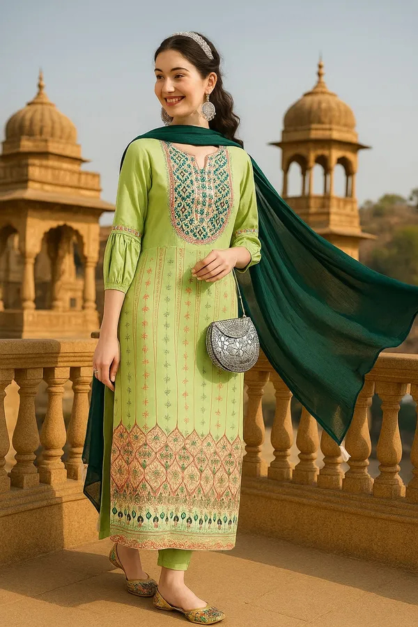 Green_Premium_Viscose_Rayon_Three_Fourth_Sleeves_Kurta_Set_For_Women