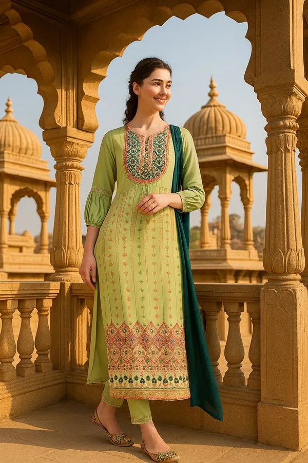 Green_Premium_Viscose_Rayon_Three_Fourth_Sleeves_Kurta_Set_For_Women