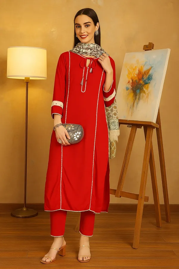 Red_Premium_Viscose_Rayon_Three_Fourth_Sleeves_Kurta_Set_For_Women