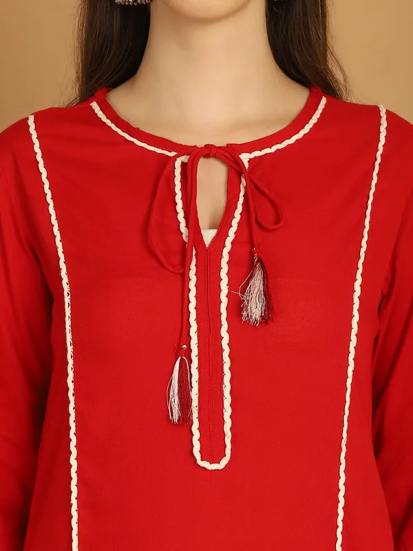 Red_Premium_Viscose_Rayon_Three_Fourth_Sleeves_Kurta_Set_For_Women