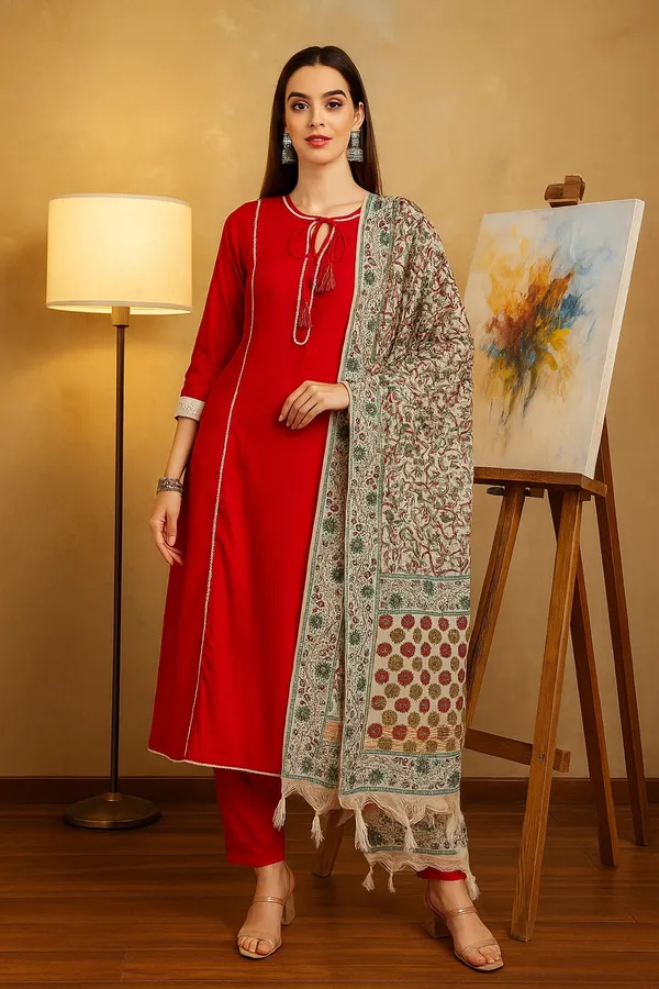 Red_Premium_Viscose_Rayon_Three_Fourth_Sleeves_Kurta_Set_For_Women