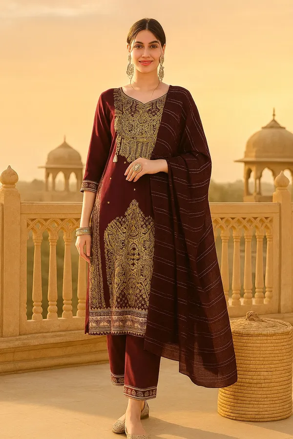 Maroon_Premium_Viscose_Rayon_Three_Fourth_Sleeves_Kurta_Set_For_Women