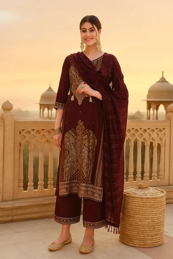 Maroon_Premium_Viscose_Rayon_Three_Fourth_Sleeves_Kurta_Set_For_Women