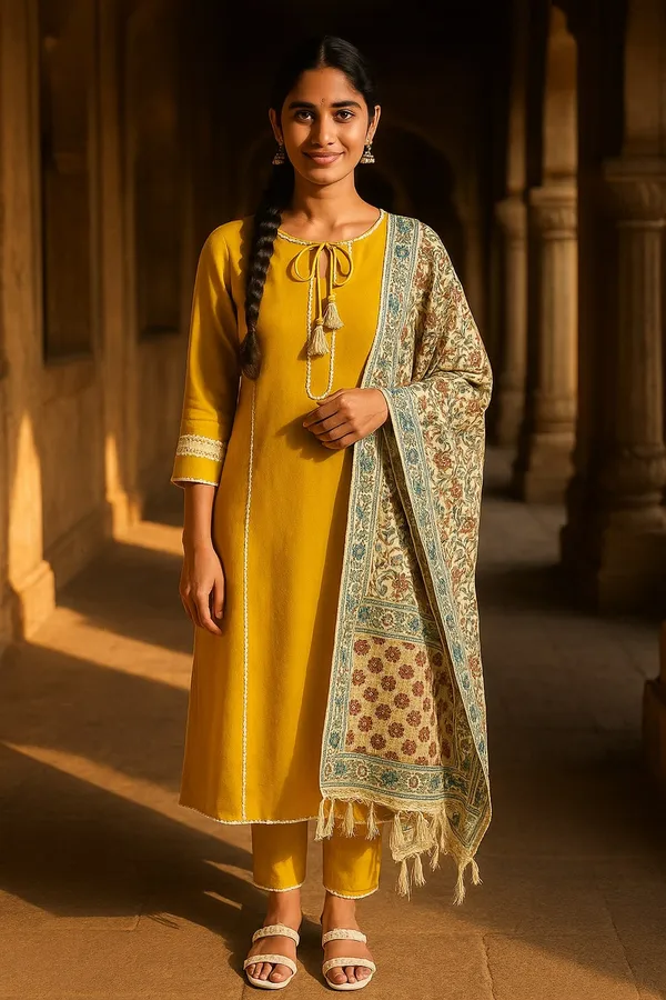 Mustard_Premium_Viscose_Rayon_Three_Fourth_Sleeves_Kurta_Set_For_Women