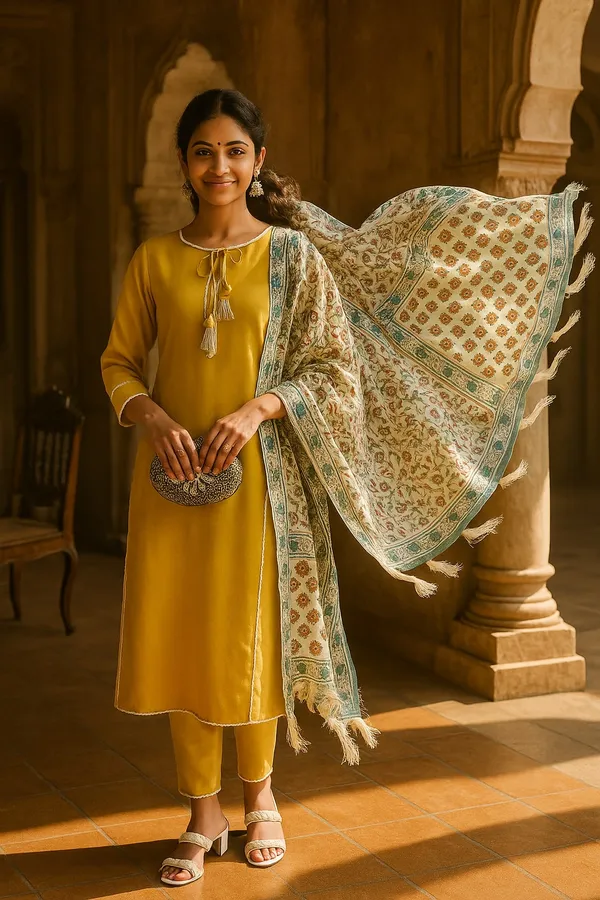 Mustard_Premium_Viscose_Rayon_Three_Fourth_Sleeves_Kurta_Set_For_Women