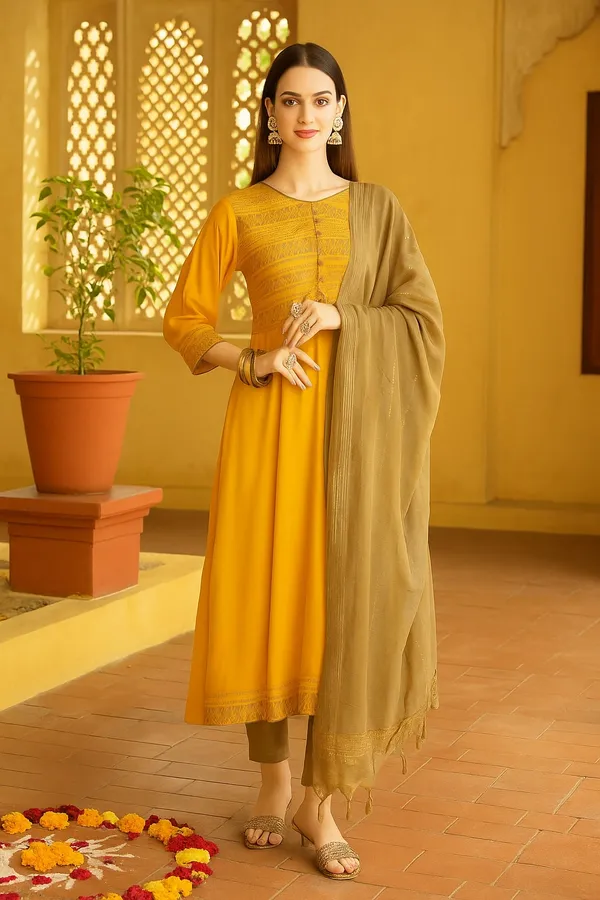 Mustard_Premium_Viscose_Rayon_Three_Fourth_Sleeves_Kurta_Set_For_Women