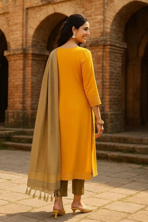 Mustard_Premium_Viscose_Rayon_Three_Fourth_Sleeves_Kurta_Set_For_Women