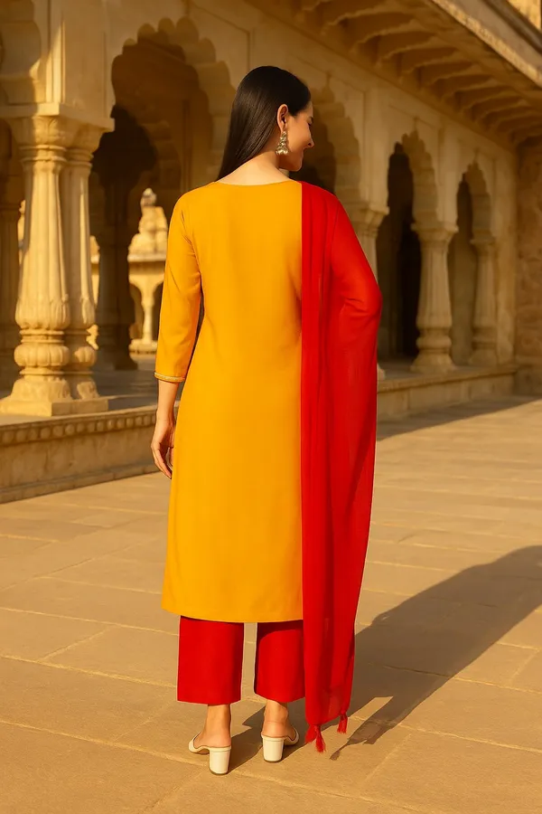 Mustard_Premium_Viscose_Rayon_Three_Fourth_Sleeves_Kurta_Set_For_Women