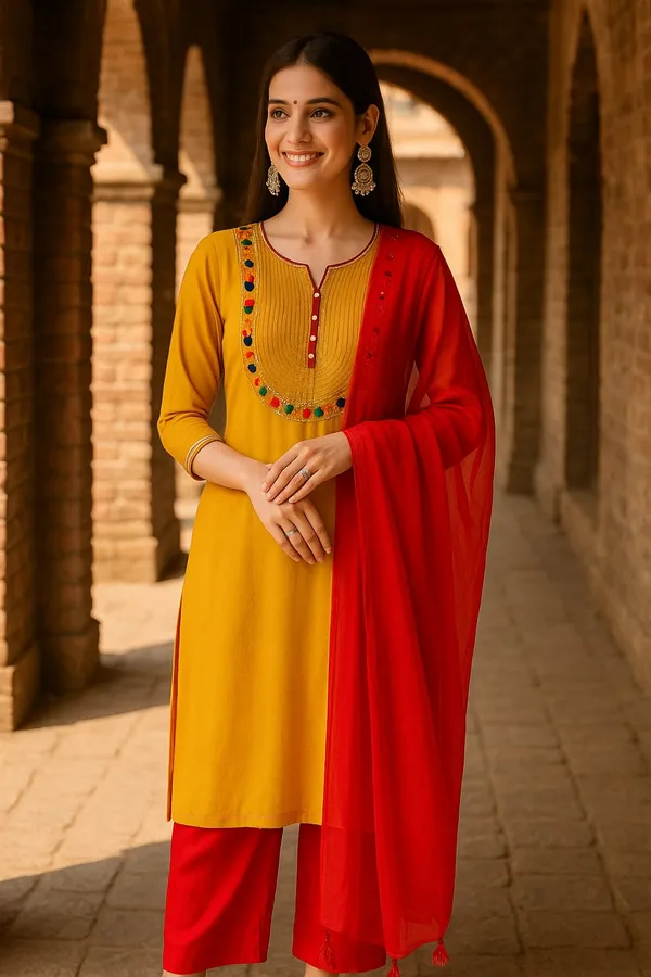Mustard_Premium_Viscose_Rayon_Three_Fourth_Sleeves_Kurta_Set_For_Women