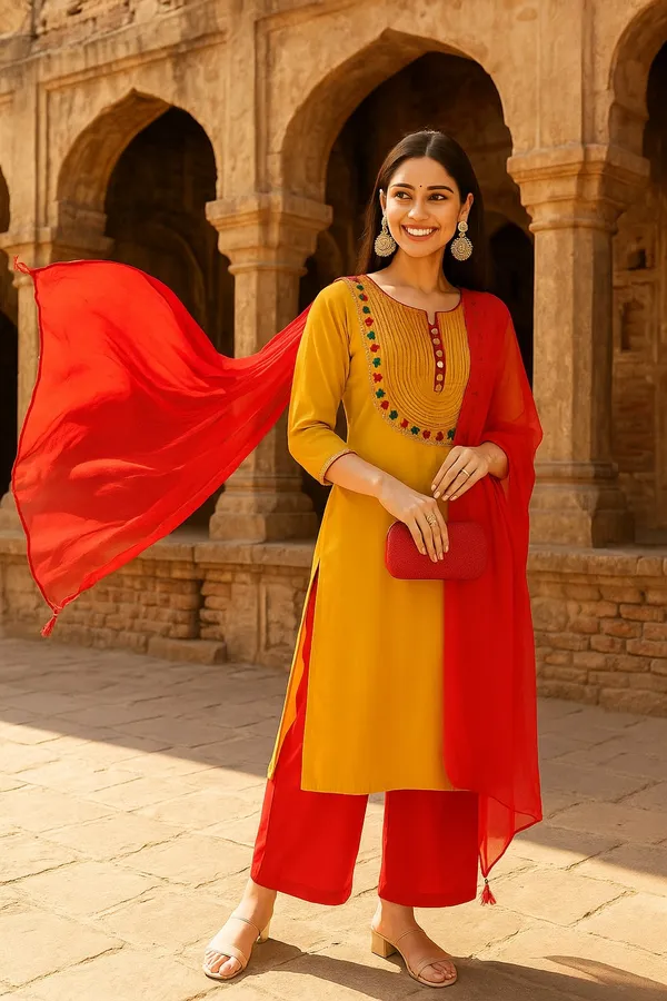 Mustard_Premium_Viscose_Rayon_Three_Fourth_Sleeves_Kurta_Set_For_Women