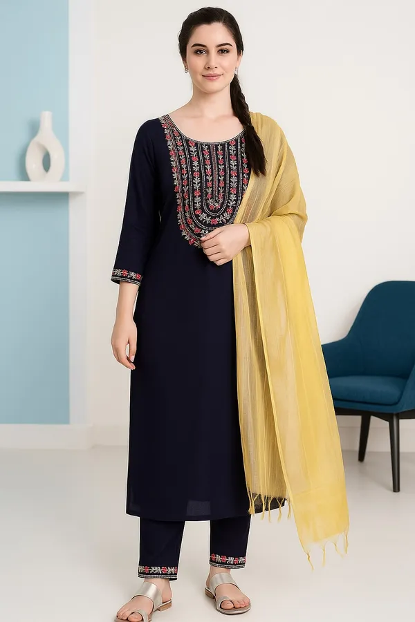 Navy_Blue_Premium_Viscose_Rayon_Three_Fourth_Sleeves_Kurta_Set_For_Women