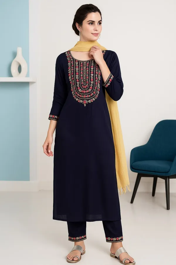 Navy_Blue_Premium_Viscose_Rayon_Three_Fourth_Sleeves_Kurta_Set_For_Women