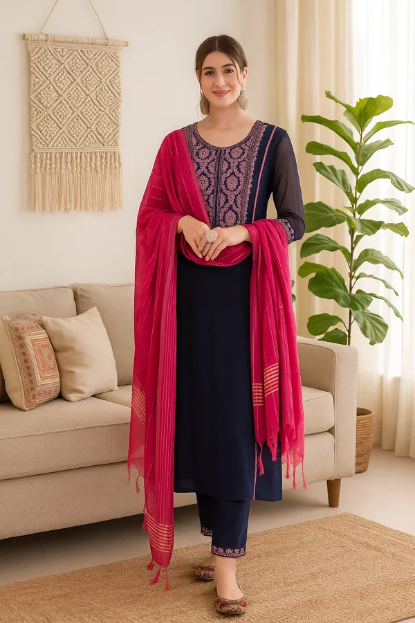 Navy_Blue_Premium_Viscose_Rayon_Three_Fourth_Sleeves_Kurta_Set_For_Women