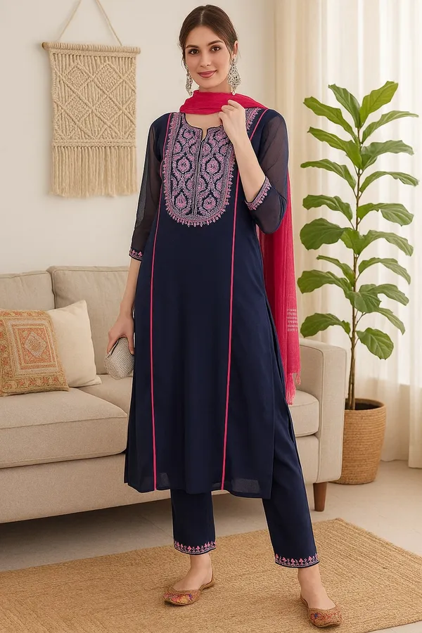 Navy_Blue_Premium_Viscose_Rayon_Three_Fourth_Sleeves_Kurta_Set_For_Women