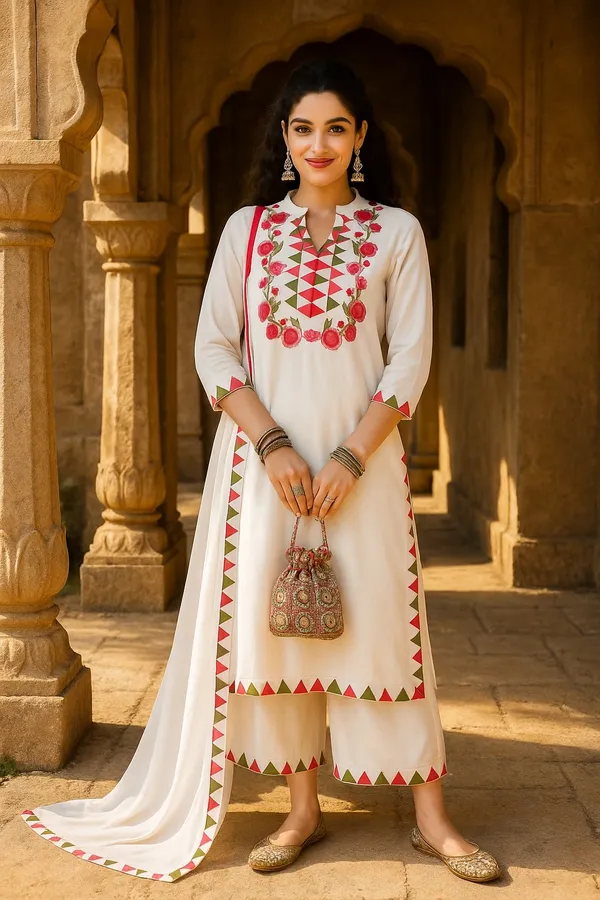 White_Premium_Viscose_Rayon_Three_Fourth_Sleeves_Kurta_Set_For_Women