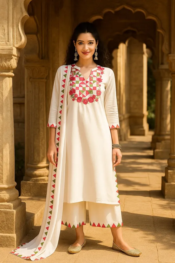 White_Premium_Viscose_Rayon_Three_Fourth_Sleeves_Kurta_Set_For_Women