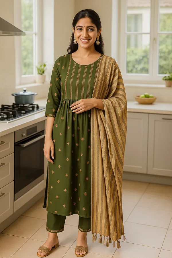 Olive_Premium_Viscose_Rayon_Three_Fourth_Sleeves_Kurta_Set_For_Women