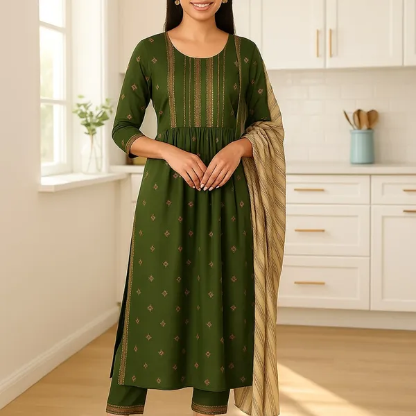 Olive_Premium_Viscose_Rayon_Three_Fourth_Sleeves_Kurta_Set_For_Women