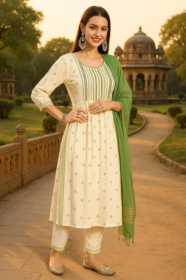 White_Premium_Viscose_Rayon_Three_Fourth_Sleeves_Kurta_Set_For_Women