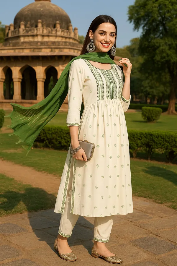 White_Premium_Viscose_Rayon_Three_Fourth_Sleeves_Kurta_Set_For_Women