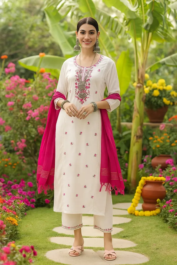 White_Premium_Viscose_Rayon_Three_Fourth_Sleeves_Kurta_Set_For_Women