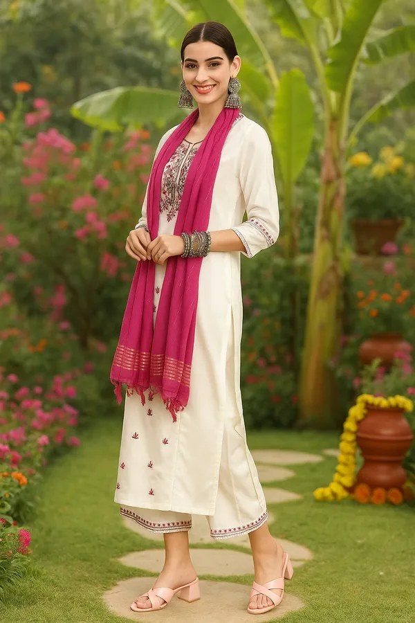 White_Premium_Viscose_Rayon_Three_Fourth_Sleeves_Kurta_Set_For_Women