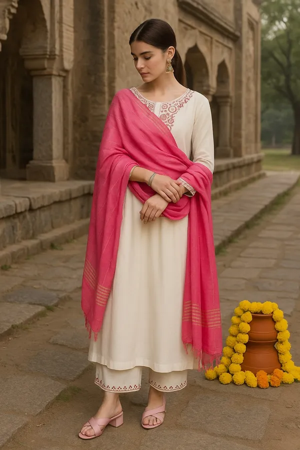 White_Premium_Viscose_Rayon_Three_Fourth_Sleeves_Kurta_Set_For_Women