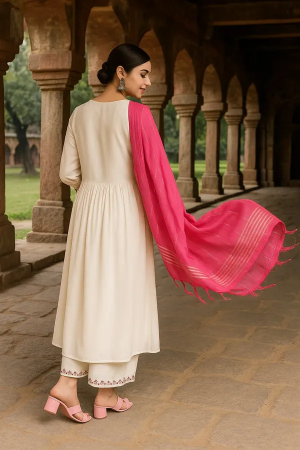 White_Premium_Viscose_Rayon_Three_Fourth_Sleeves_Kurta_Set_For_Women