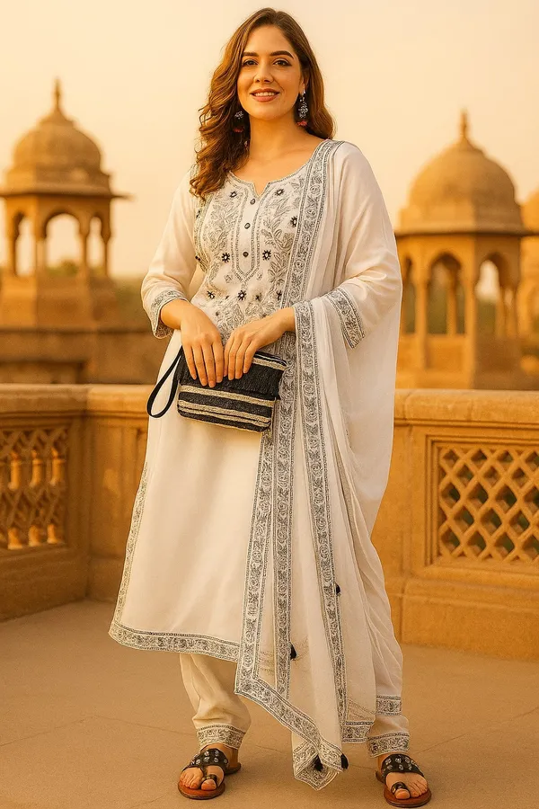 White_Premium_Viscose_Rayon_Three_Fourth_Sleeves_Kurta_Set_For_Women
