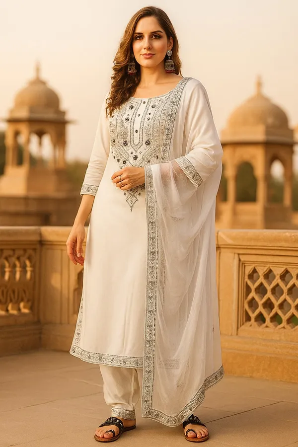 White_Premium_Viscose_Rayon_Three_Fourth_Sleeves_Kurta_Set_For_Women