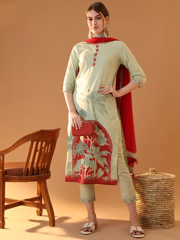 Green_Premium_Cotton_Three_Fourth_Sleeves_Kurta_Set_For_Women