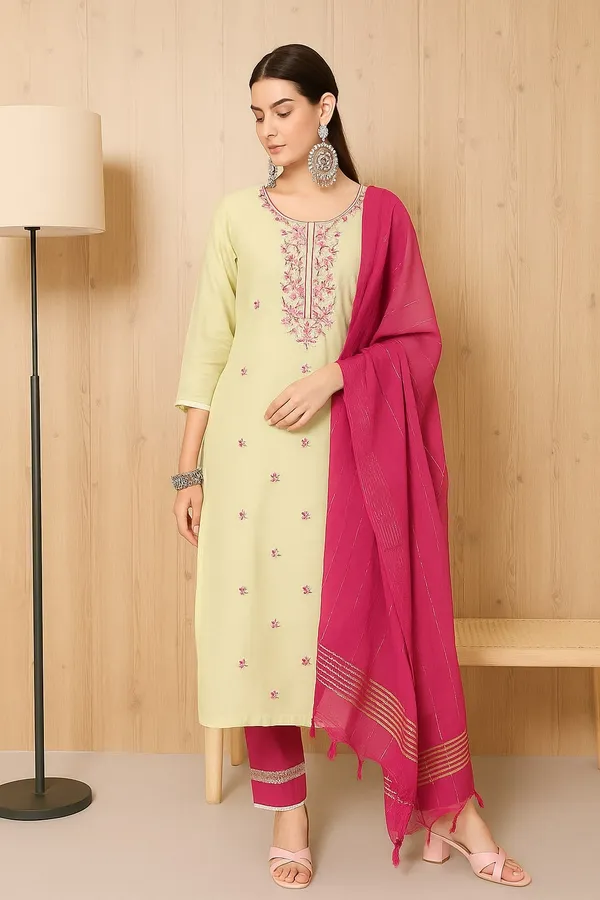 Green_Premium_Chanderi_Three_Fourth_Sleeves_Kurta_Set_For_Women