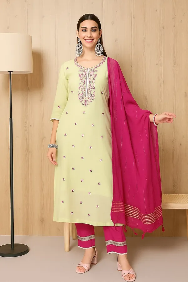 Green_Premium_Chanderi_Three_Fourth_Sleeves_Kurta_Set_For_Women