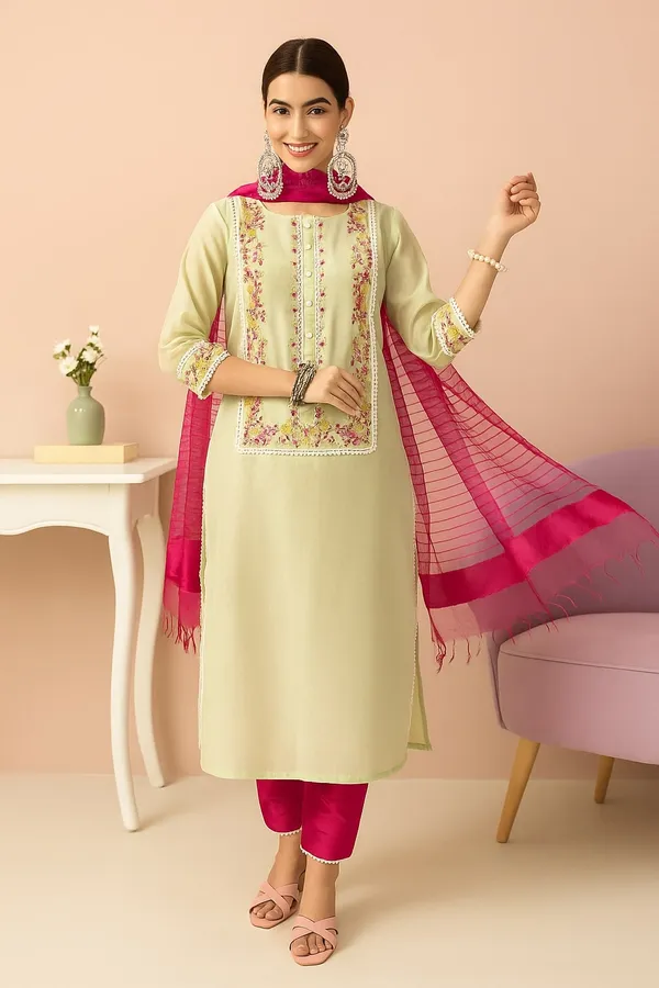 Green_Premium_Chanderi_Three_Fourth_Sleeves_Kurta_Set_For_Women