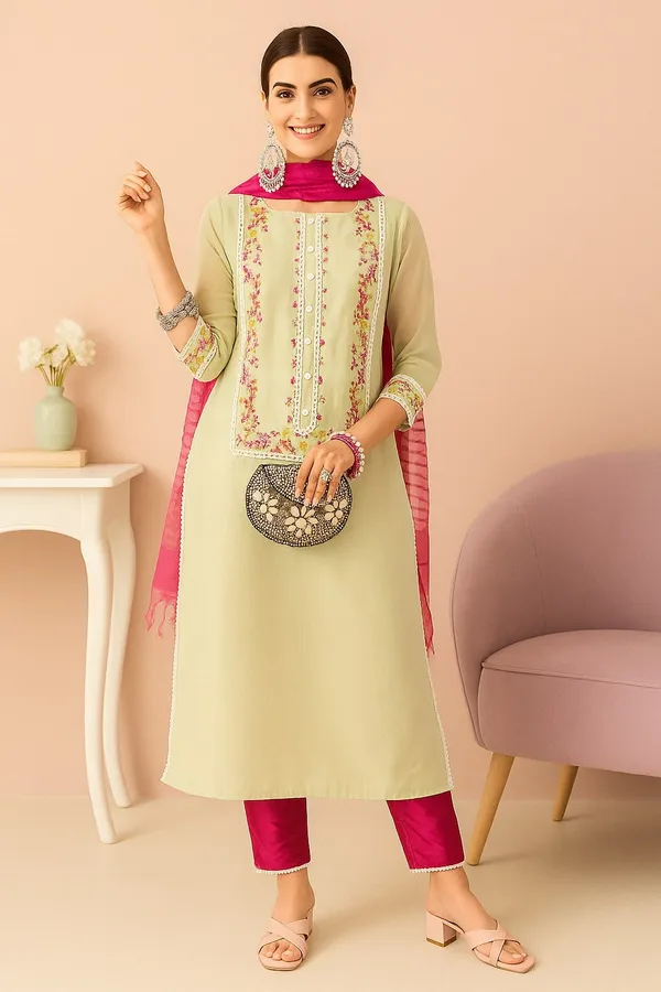 Green_Premium_Chanderi_Three_Fourth_Sleeves_Kurta_Set_For_Women