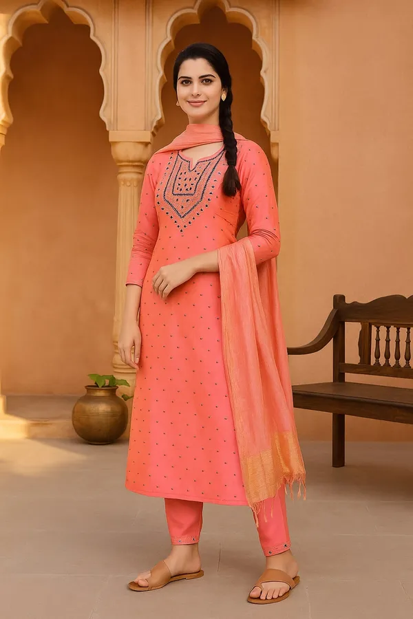 Pink_Premium_Dupion_Silk_Three_Fourth_Sleeves_Kurta_Set_For_Women