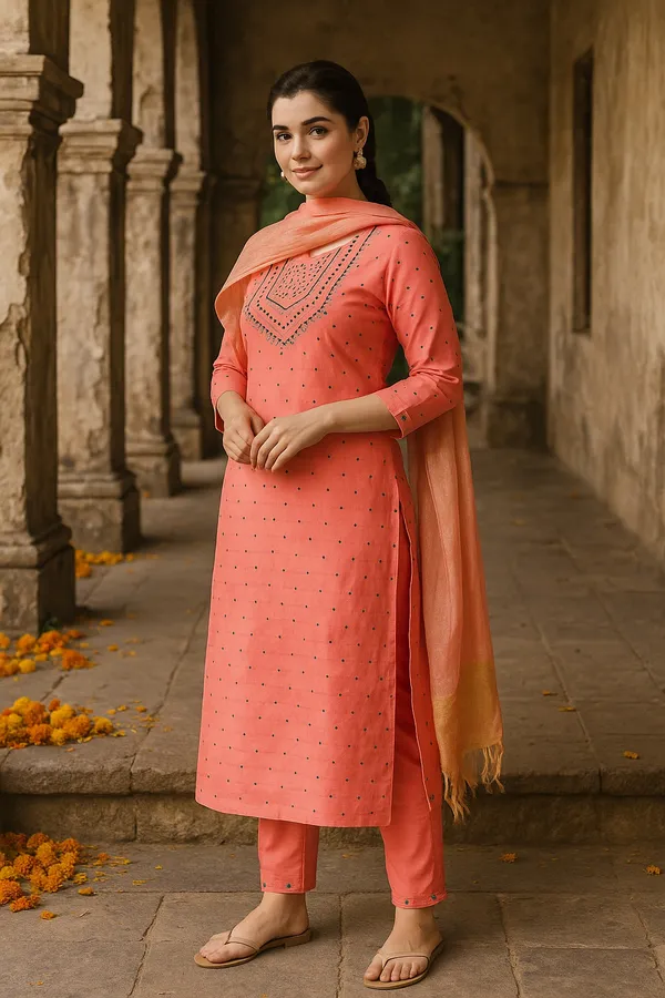 Pink_Premium_Dupion_Silk_Three_Fourth_Sleeves_Kurta_Set_For_Women