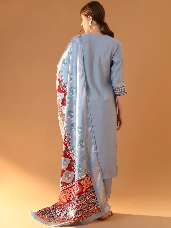 Blue_Premium_Chanderi_Three_Fourth_Sleeves_Kurta_Set_For_Women