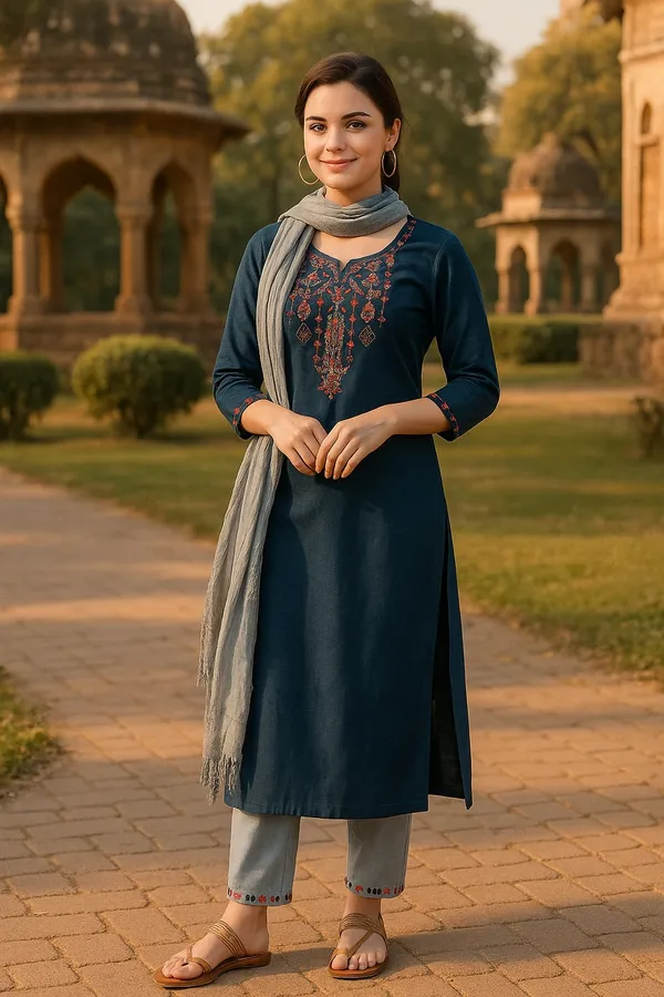 Teal_Premium_Viscose_Rayon_Three_Fourth_Sleeves_Kurta_Set_For_Women